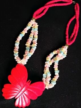 Vintage Butterfly Pendant Multistrand Beaded Necklace